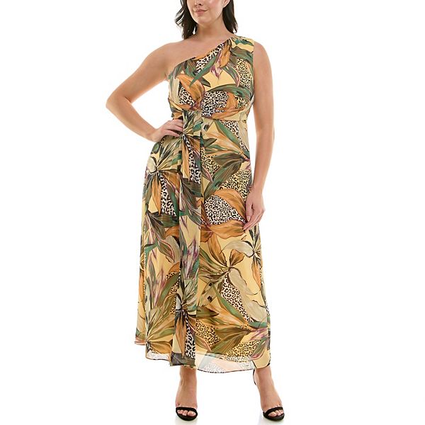 Women's Nicole Miller One Shoulder Maxi Dress, Size: 4, Butter Palm