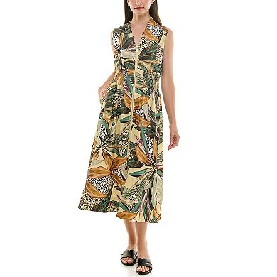 Women's Nicole Miller Smocked Waist V-Neck Zipper Front Dress