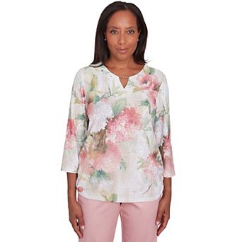 Petite Alfred Dunner Hydrangea Beaded Split Neck Top