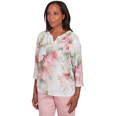 Petite Alfred Dunner Hydrangea Beaded Split Neck Top