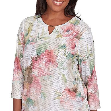 Petite Alfred Dunner Hydrangea Beaded Split Neck Top