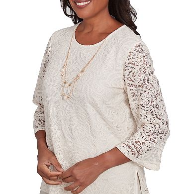 Petite Alfred Dunner Lace Woven Top with Necklace