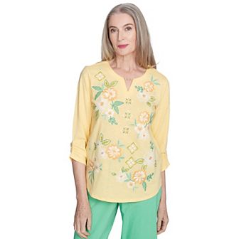 Petite Alfred Dunner Sunny Floral Embroidered Split Neck Top