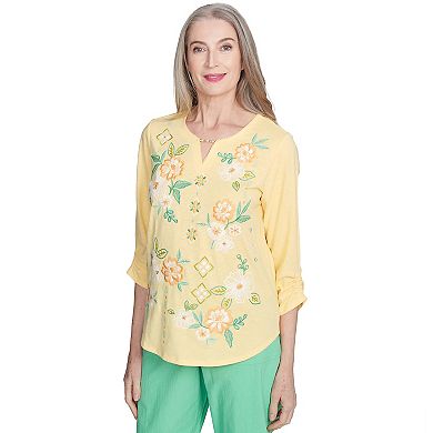 Petite Alfred Dunner Sunny Floral Embroidered Split Neck Top