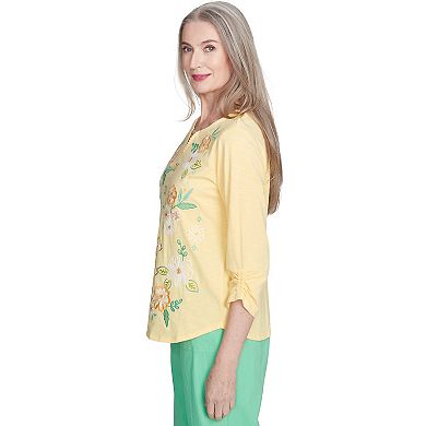 Petite Alfred Dunner Sunny Floral Embroidered Split Neck Top