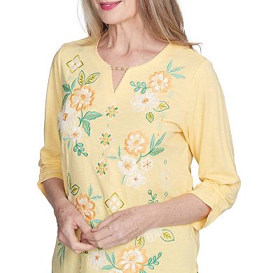 Petite Alfred Dunner Sunny Floral Embroidered Split Neck Top