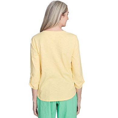 Petite Alfred Dunner Sunny Floral Embroidered Split Neck Top