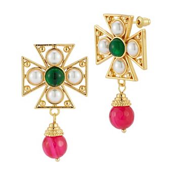 WINX 18k Gold Plated Pearl And Cubic Zirconia Pattee Cross Statement Earrings
