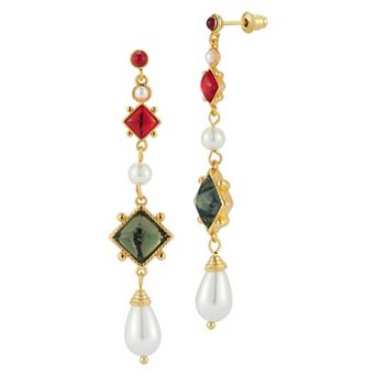 WINX 18k Gold Plated Pearl And Red and Green Square Cubic Zirconia Dangle Drop Earrings