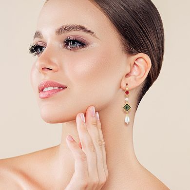 WINX 18k Gold Plated Pearl And Red and Green Square Cubic Zirconia Dangle Drop Earrings
