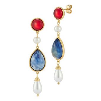 WINX 18k Gold Plated Pearl And Red and Blue Cubic Zirconia Dangle Drop Earrings