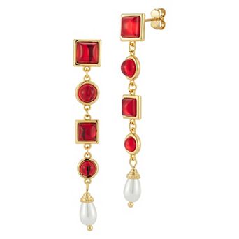 WINX 18k Gold Plated Pearl And Red Square and Round Cubic Zirconia Dangle Drop Earrings