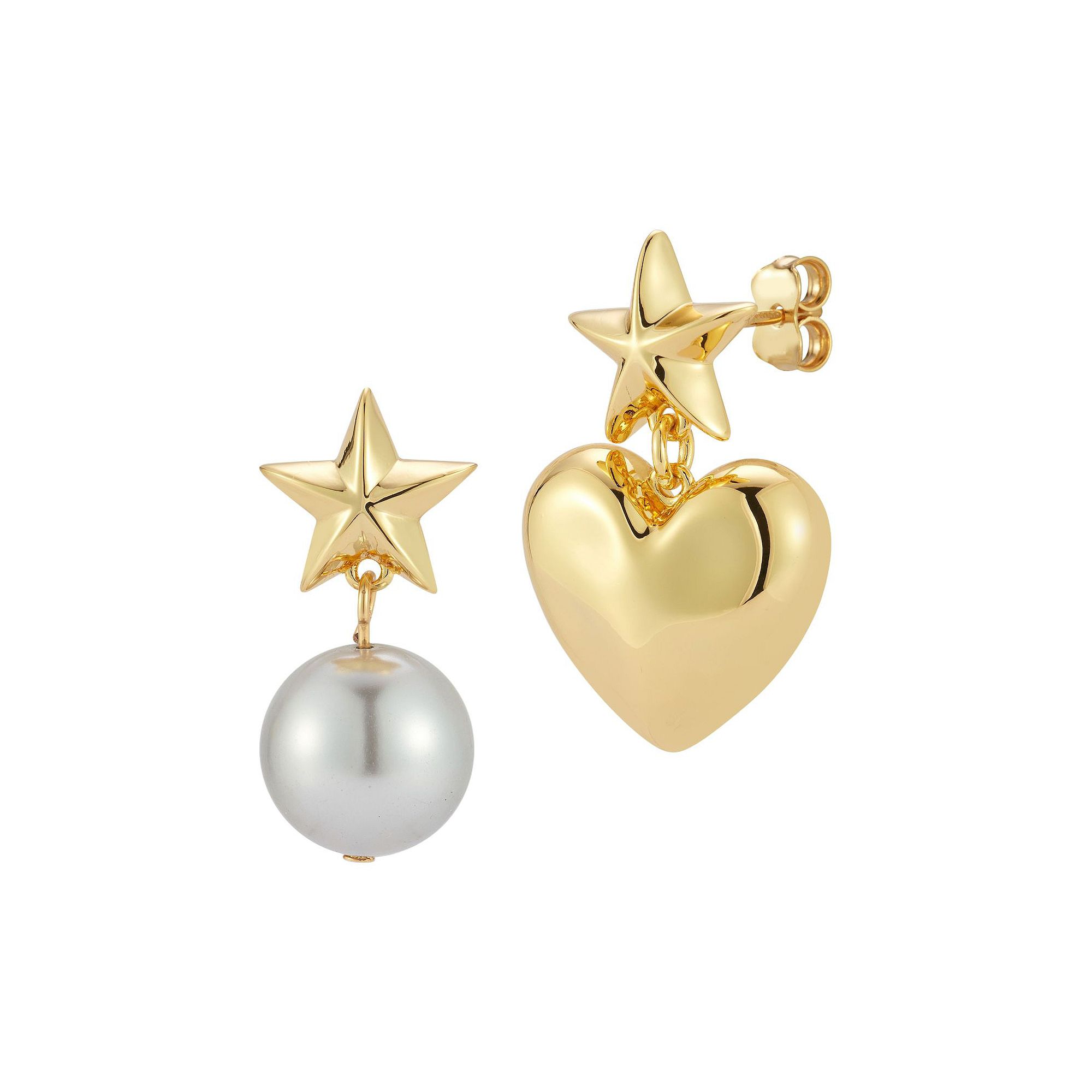 WINX 18k Gold Plated Mismatched Pearl And Heart Star Post Drop Earrings, Wo