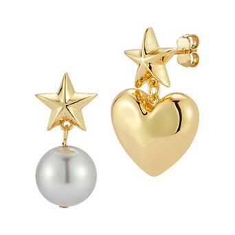 WINX 18k Gold Plated Mismatched Pearl And Heart Star Post Drop Earrings