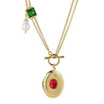 WINX 18k Gold Plated Cubic Zirconia And Pearl Toggle Medallion Locket Necklace