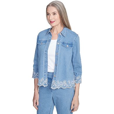 Petite Alfred Dunner Denim Floral Embroidered Jean Jacket