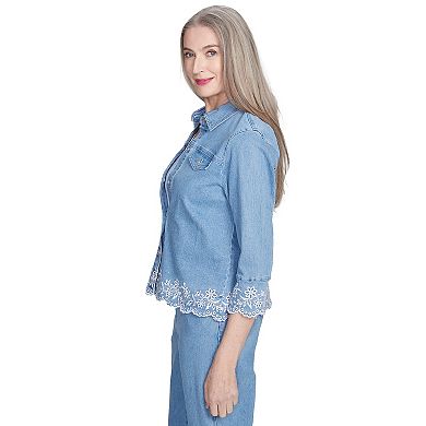 Petite Alfred Dunner Denim Floral Embroidered Jean Jacket