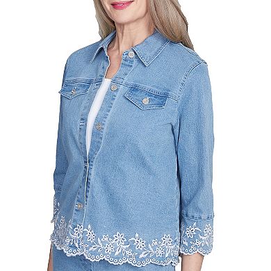 Petite Alfred Dunner Denim Floral Embroidered Jean Jacket