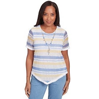 Petite Alfred Dunner Textured Biadere Fringe Top with Necklace