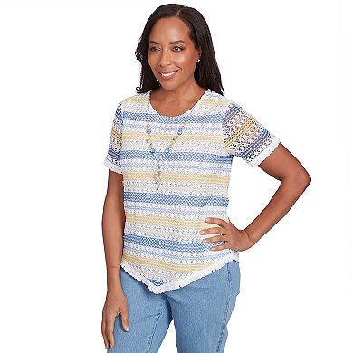 Petite Alfred Dunner Textured Biadere Fringe Top with Necklace