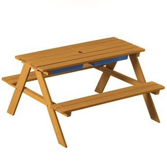 Convertible Wooden Sand & Water Table with Removable Top, 2 Play Boxes Teak-Stained Picnic Set