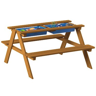 Convertible Wooden Sand & Water Table with Removable Top, 2 Play Boxes Teak-Stained Picnic Set