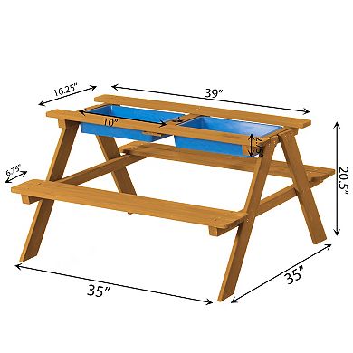 Convertible Wooden Sand & Water Table with Removable Top, 2 Play Boxes Teak-Stained Picnic Set