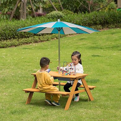 Convertible Wooden Sand & Water Table with Removable Top, 2 Play Boxes Teak-Stained Picnic Set