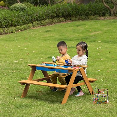 Convertible Wooden Sand & Water Table with Removable Top, 2 Play Boxes Teak-Stained Picnic Set