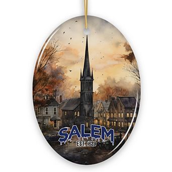 Mysterious Salem Watercolor Fall Art Ornament, Massachusetts Souvenir and Gift