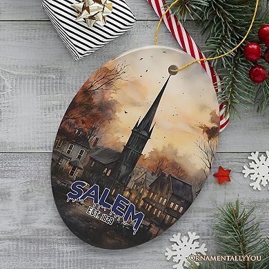 Mysterious Salem Watercolor Fall Art Ornament, Massachusetts Souvenir and Gift