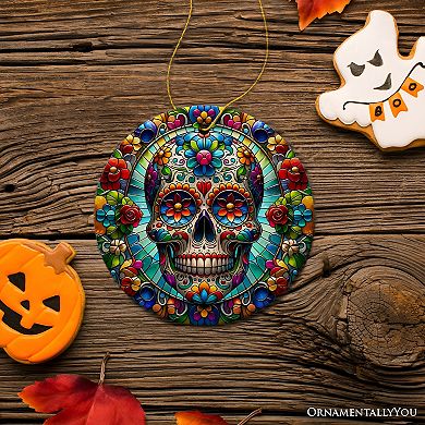 Sugar Skull Stained Glass Themed Ceramic Ornament, Day of the Dead Mexican Christmas Gift