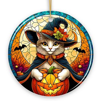 Enchanted Cat Witch Stained Glass Style Ceramic Ornament, Christmas Gift and Décor Version 1