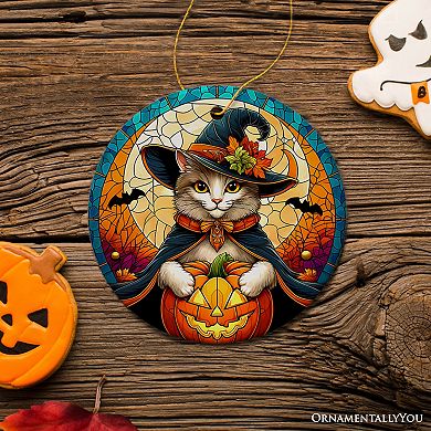 Enchanted Cat Witch Stained Glass Style Ceramic Ornament, Christmas Gift and Décor Version 1