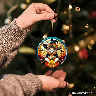 Enchanted Cat Witch Stained Glass Style Ceramic Ornament, Christmas Gift and Décor Version 1