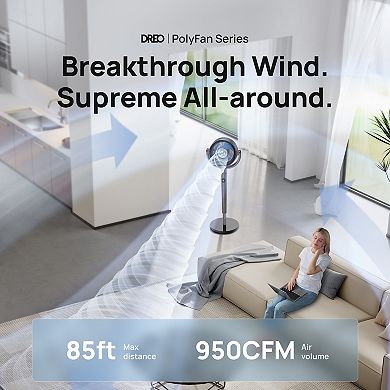 DREO PolyFan 120° + 120° Smart Oscillating Standing Floor Fan - 85 ft. Range with 8 Speeds & 8H Timer