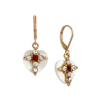 Symbols of Faith Mother of Pearl Heart Red & Crystal Cross Earrings