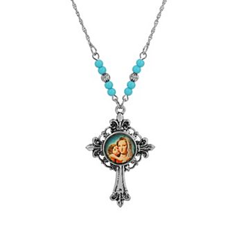 Symbols of Faith Symbols of Faith Silver Tone Cross Mary & Child Decal Pendant Necklace