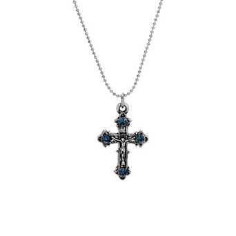 Symbols of Faith Silver Tone Crucifix Blue Crystal Necklace 16"