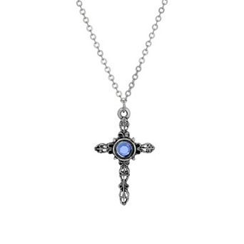 Symbols of Faith Silver Tone Cross With Center Blue Crystal Necklace 18"