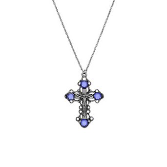 Symbols of Faith Silver Tone Blue Crystal Cross Necklace 18"