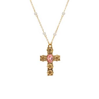 Symbols of Faith Cross Rose Oval Stone Faux Pearl Chain Necklace 28"