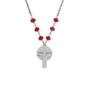 Symbols of Faith Silver Tone Crucifix Red Bead Chain Necklace 16"