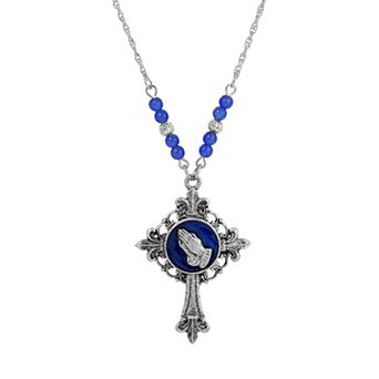 Symbols of Faith Symbols of Faith Silver Tone Cross Blue Enamel Praying Hands Pendant Necklace