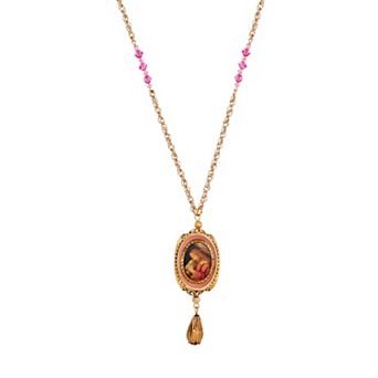 Symbols of Faith Pink Crystal Lady Guadalupe Decal Spinner Pendant Necklace 28"