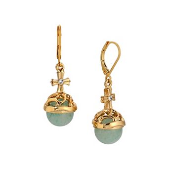 Symbols of Faith 14K Gold Dipped Green Aventurine Stone & Crystal Cross Earrings