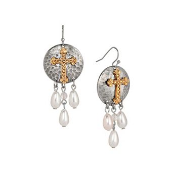 Symbols of Faith Two Tone Cross With Drop Faux Pearls Wire Earrings