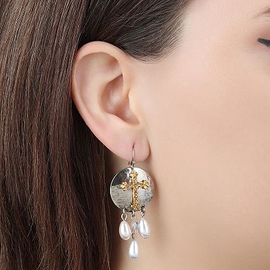 Symbols of Faith Two Tone Cross With Drop Faux Pearls Wire Earrings
