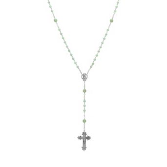 Symbols of Faith Silver-tone Aqua Green Bead Crucifix Rosary