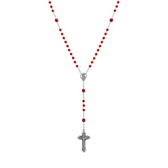 Symbols of Faith Silver-tone Red Bead Crucifix Rosary